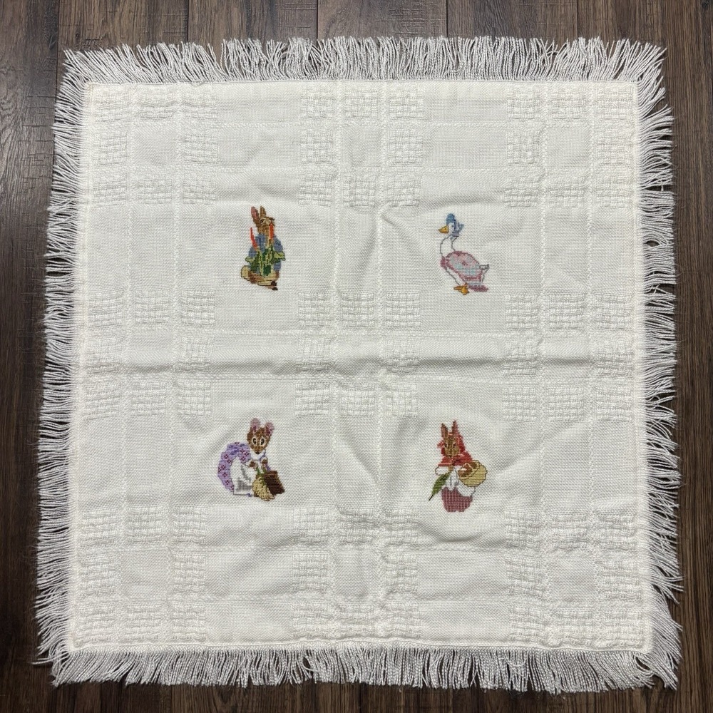 Vintage Handmade Cross Stitch Baby Blanket Duck Rabbit Mouse Padded White